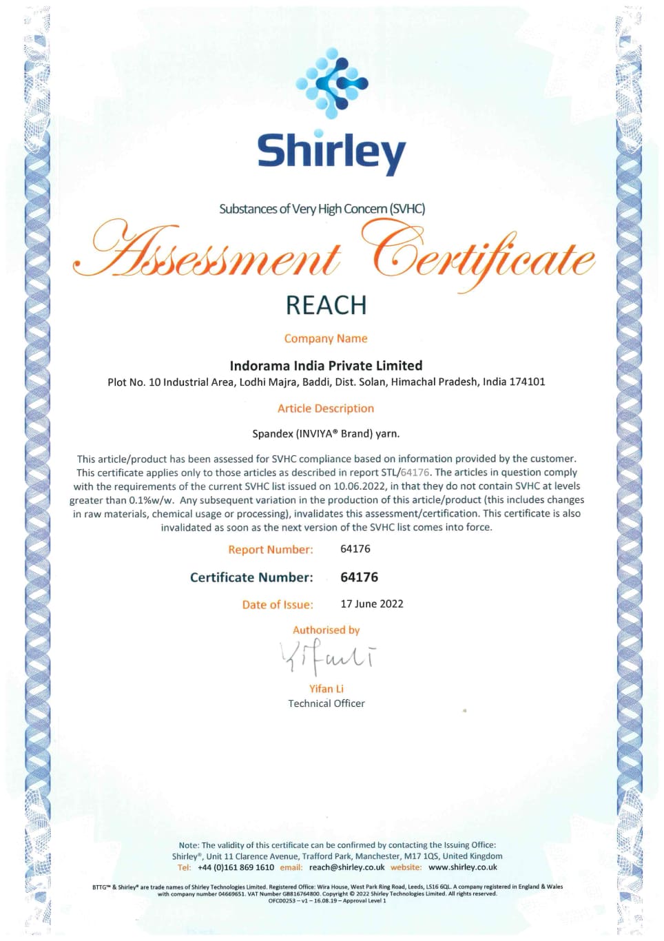 REACH Certificate